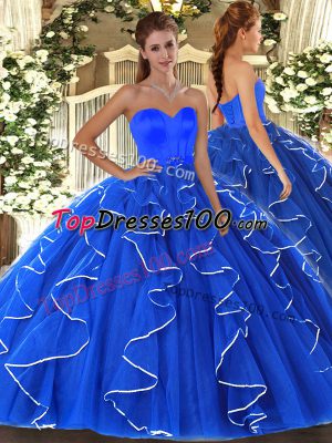 Organza Sweetheart Sleeveless Lace Up Beading and Ruffles Quince Ball Gowns in Blue
