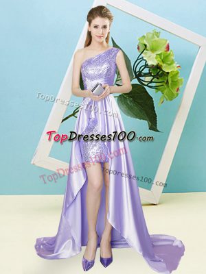 High Low Lace Up Homecoming Dress Lavender for Prom and Party with Sequins
