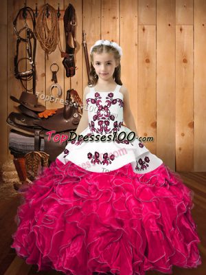 Unique Hot Pink Lace Up Kids Pageant Dress Embroidery and Ruffles Sleeveless Floor Length