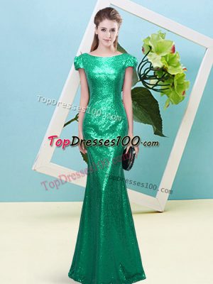 Sequined Scoop Cap Sleeves Zipper Sequins Prom Gown in Turquoise