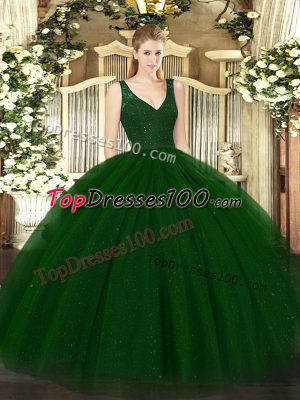 Sexy Tulle V-neck Sleeveless Backless Beading and Lace 15th Birthday Dress in Dark Green