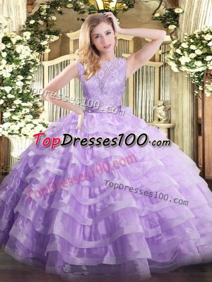 Scoop Sleeveless Quinceanera Gowns Floor Length Lace and Ruffled Layers Lavender Organza