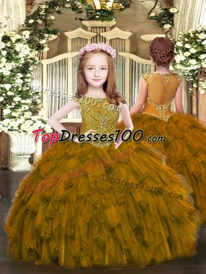 Elegant Brown Ball Gowns Organza Scoop Sleeveless Beading and Ruffles Floor Length Zipper Pageant Dress Toddler