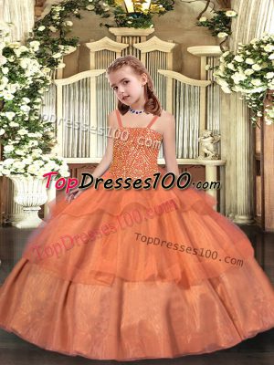 Orange Sleeveless Floor Length Beading and Ruffled Layers Lace Up Little Girl Pageant Gowns