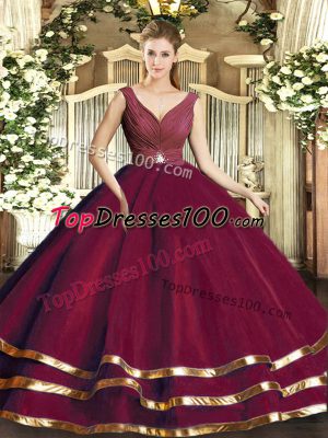 Burgundy Backless V-neck Beading and Ruffled Layers and Ruching Quinceanera Dresses Tulle Sleeveless