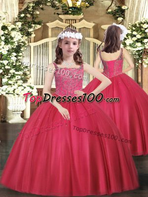 Fancy Beading Party Dress for Toddlers Coral Red Lace Up Sleeveless Floor Length