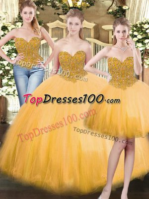 Pretty Gold Sleeveless Beading Floor Length Ball Gown Prom Dress