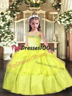 Beautiful Yellow Lace Up Straps Appliques and Ruffled Layers Juniors Party Dress Organza Sleeveless