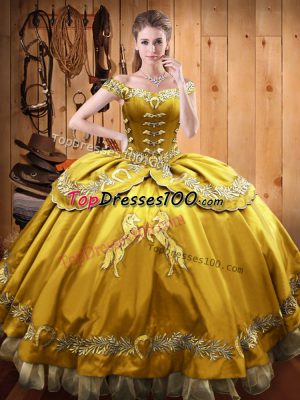 Low Price Gold Ball Gowns Satin and Organza Off The Shoulder Sleeveless Beading and Embroidery Floor Length Lace Up Vestidos de Quinceanera