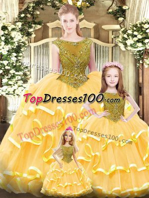 Hot Selling Gold Sleeveless Beading and Ruffled Layers Floor Length Sweet 16 Quinceanera Dress