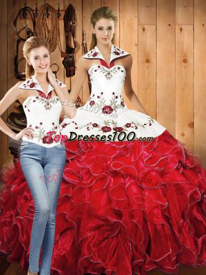 Designer Halter Top Sleeveless Satin and Organza Quinceanera Dresses Embroidery and Ruffles Lace Up