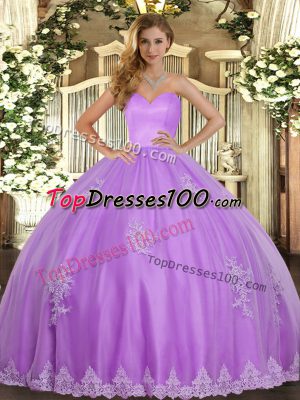 Fantastic Sleeveless Tulle Floor Length Lace Up Quinceanera Gowns in Lavender with Beading and Appliques