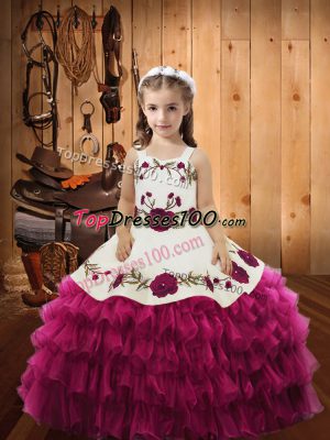 Beautiful Sleeveless Organza Floor Length Lace Up Party Dress Wholesale in Fuchsia with Embroidery and Ruffled Layers