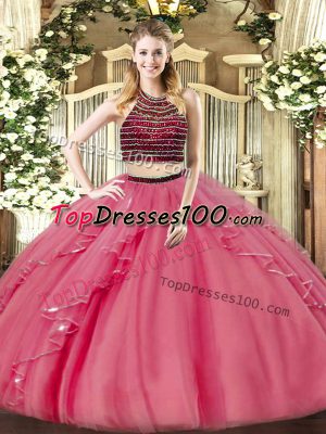 Coral Red Sleeveless Organza Zipper Quince Ball Gowns for Military Ball and Sweet 16 and Quinceanera