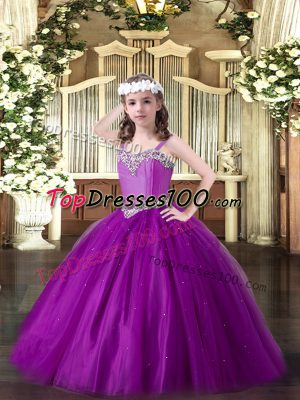Eggplant Purple Sleeveless Tulle Lace Up Little Girls Pageant Gowns for Party and Quinceanera and Wedding Party