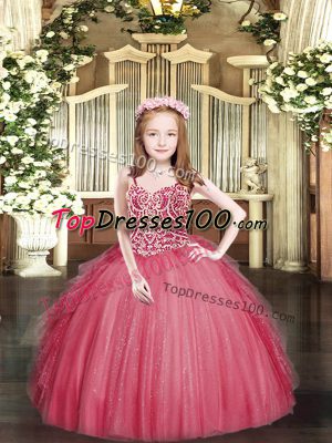 Spaghetti Straps Sleeveless Child Pageant Dress Floor Length Beading and Ruffles Coral Red Tulle