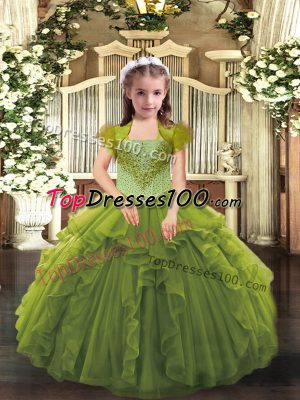 Sleeveless Floor Length Beading and Ruffles Lace Up Girls Pageant Dresses with Olive Green