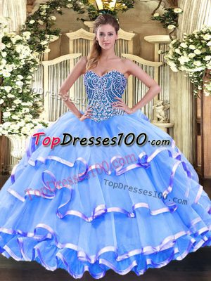 Luxury Baby Blue Sleeveless Organza Lace Up Quinceanera Gown for Military Ball and Sweet 16 and Quinceanera