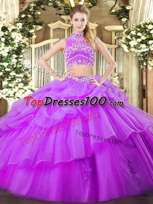 Hot Sale Sleeveless Tulle Floor Length Backless 15 Quinceanera Dress in Eggplant Purple with Beading and Ruffles and Pick Ups