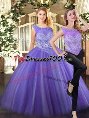 Admirable Floor Length Lavender Sweet 16 Dress Tulle Sleeveless Beading