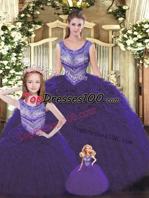 Extravagant Sleeveless Tulle Floor Length Lace Up Sweet 16 Dresses in Dark Purple with Beading and Ruffles