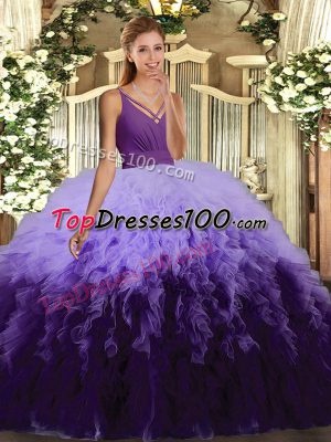 Modest Multi-color Ball Gowns Organza V-neck Sleeveless Ruffles Floor Length Backless Quinceanera Dress