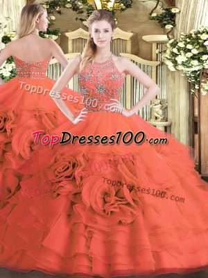 Ball Gowns Quinceanera Dress Red Halter Top Tulle Sleeveless Floor Length Zipper