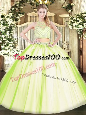 Custom Made Scoop Sleeveless Sweet 16 Dress Floor Length Beading Yellow Green Tulle