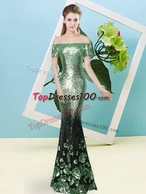 Gorgeous Sequined Off The Shoulder Short Sleeves Zipper Sequins Prom Gown in Apple Green