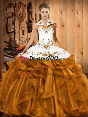 Low Price Brown Ball Gowns Embroidery and Ruffles Quinceanera Gown Lace Up Satin and Organza Sleeveless Floor Length