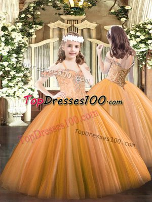 Pretty Orange Tulle Lace Up Off The Shoulder Sleeveless Floor Length Little Girls Pageant Gowns Beading