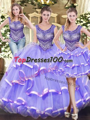 Designer Scoop Sleeveless Sweet 16 Dress Floor Length Beading and Ruffled Layers Lavender Tulle