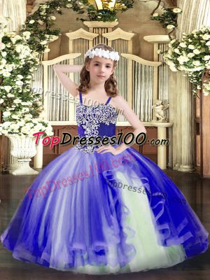 Low Price Blue Tulle Lace Up Little Girl Pageant Dress Sleeveless Floor Length Appliques