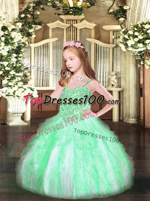 Elegant Sleeveless Floor Length Appliques and Ruffles Lace Up Little Girls Pageant Dress Wholesale with Apple Green