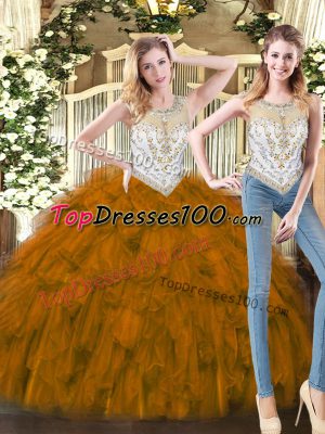 Fancy Beading and Ruffles Sweet 16 Dresses Brown Zipper Sleeveless Floor Length