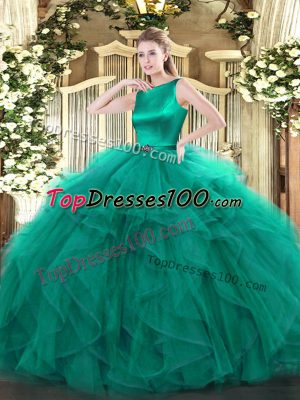 New Arrival Turquoise Sleeveless Floor Length Ruffles Clasp Handle Quinceanera Gown