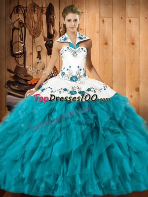 Free and Easy Satin and Organza Halter Top Sleeveless Lace Up Embroidery and Ruffles Ball Gown Prom Dress in Teal