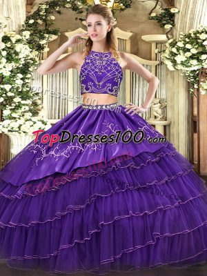 Purple Two Pieces Tulle High-neck Sleeveless Beading and Embroidery and Ruffled Layers Floor Length Zipper 15th Birthday Dress