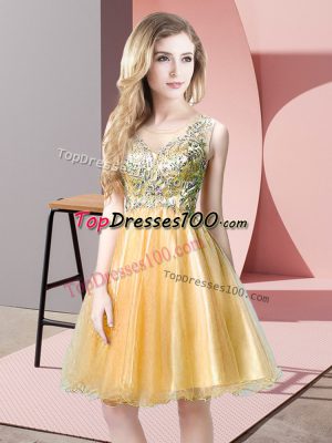 Gold Empire Tulle Scoop Sleeveless Beading Knee Length Zipper Prom Evening Gown