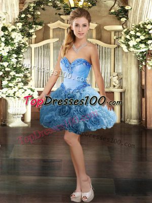 Mini Length Baby Blue Homecoming Dress Fabric With Rolling Flowers Sleeveless Beading