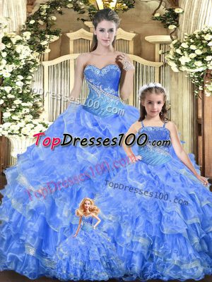 Baby Blue Ball Gowns Tulle Sweetheart Sleeveless Beading and Ruffles and Ruching Floor Length Lace Up Sweet 16 Quinceanera Dress