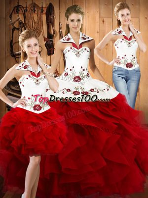Dazzling Wine Red Sleeveless Embroidery and Ruffles Floor Length Sweet 16 Dresses