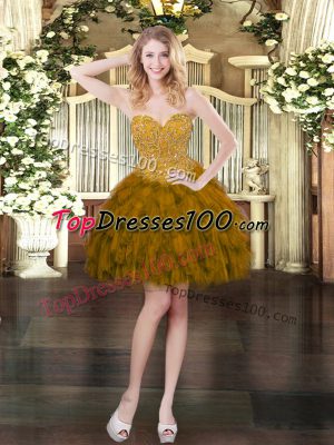 On Sale Sweetheart Sleeveless Prom Gown Mini Length Beading and Ruffles Brown Organza