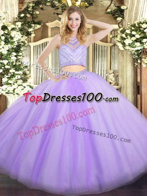 Scoop Sleeveless Quinceanera Dresses Floor Length Beading Lavender Tulle