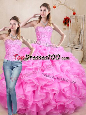 Rose Pink Sweet 16 Dresses Sweet 16 and Quinceanera with Beading and Ruffles Sweetheart Sleeveless Lace Up