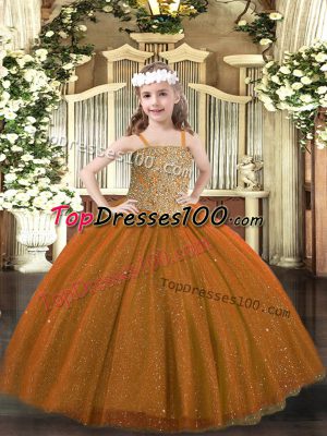 Perfect Sleeveless Tulle Floor Length Lace Up Party Dress Wholesale in Brown with Beading