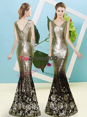 Gold Sleeveless Floor Length Sequins Zipper Evening Dress