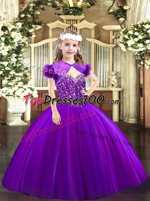 New Style Purple Sleeveless Tulle Lace Up Juniors Party Dress for Party and Quinceanera