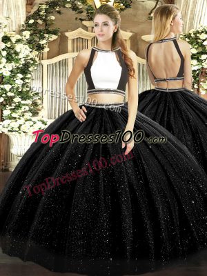 Sleeveless Floor Length Ruching Backless Sweet 16 Quinceanera Dress with Black
