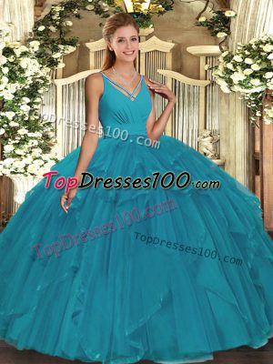 Latest Teal Sleeveless Organza Backless Ball Gown Prom Dress for Military Ball and Sweet 16 and Quinceanera